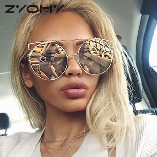 Q Gafas UV400 Round Reflective Flat Lens Metal Frame Cat Eye Oversized Brand Designer