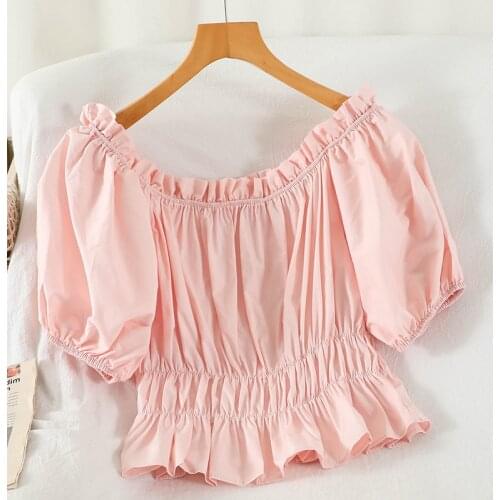 FMFSSOM Women Sweet Puff Sleeve Elastic Short Slim Shirts French Ladies Slash Neck Blouse Chic Femininas Ruffles Crop Tops