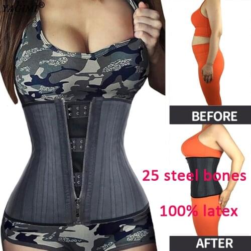 YAGIMI 100% Latex Waist Trainer Body Shaper Corset Tummy Control Belly Girdles Hook and Zip Design 25 Steel Bones Sweat Belt