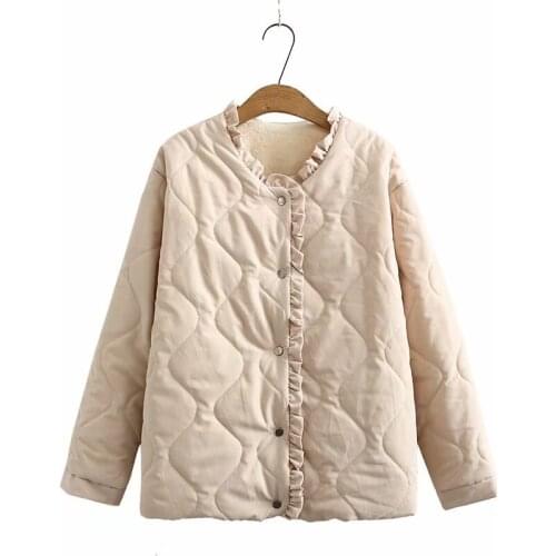 Plus size Ruffle collar fleece inside women loose parkas coats 2021 new winter casual ladies solid black army green Beige jacket