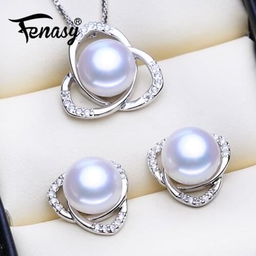 FENASY Brand 925 Sterling Silver Jewelry Sets Natural Pearl Stud Earrings Vintage Party Pendant Chain Necklaces For Women