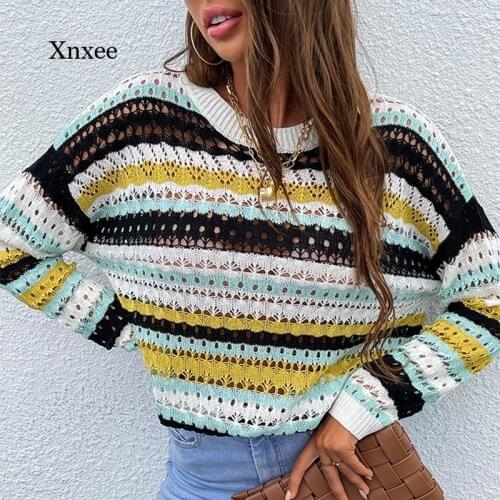 Hollow Out Knitted Top Winter Women Round Neck Pullovers Striped Sweaters Tops Ladies Casual Loose Oversized Sueter Female Blous