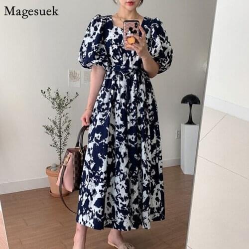 Lace Up Plus Size Party Dresses Vintage Square Collar Ink Print Summer Long Dress Women Lantern Sleeve Woman Dress Vestido 13844