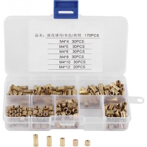170Pcs M4x4/5/6/8/10/12 Injection Molding Brass Cylinder Knurled Nut High Accuracy Threaded Round Insert Embedded Nuts Hardware