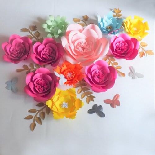 2018 Large Artificial Handmade Paper Flowers Backdrop 11PCS+Leaves 8PCS+Butterflies 7PCS Wedding & Event Decor Baby Nursery