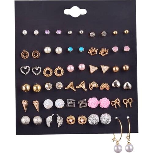 30 pairs/set vintage boho golden crown butterfly heart leaf flower female earrings elegant pearl earrings for women girl gift