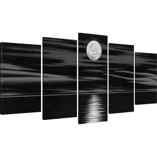 5 Piece Sea White Full Moon in Night Canvas Print Wall Art Black and White Ocean Beach for Living Room Bedroom Kitchen Home Deco