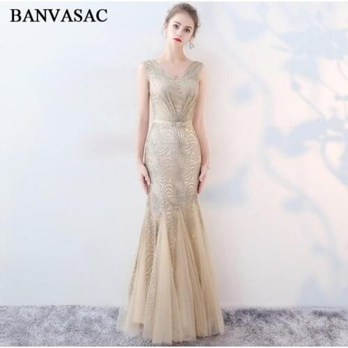 BANVASAC Sequined V Neck Lace Mermaid Long Evening Dresses Elegant 2018 Party Bow Sash Backless Tulle Prom Gowns