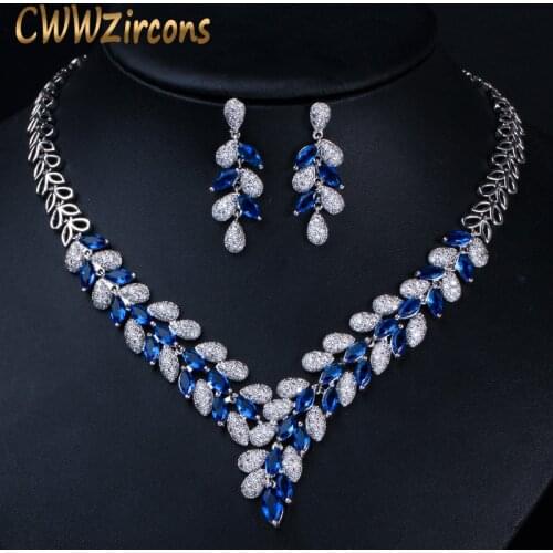 CWWZircons Luxury White Gold Color Royal Blue CZ Stone Wedding Necklace Earrings Jewelry Sets Bridal Dress Accessories T315