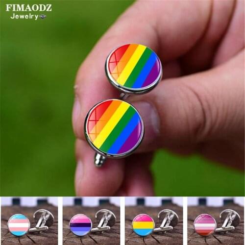 FIMAODZ Gay Pride Rainbow Flag Cufflinks for Men Women Lesbian Bisexual Transgender Symbol Glass Gem Cuff Links Buttons Gift