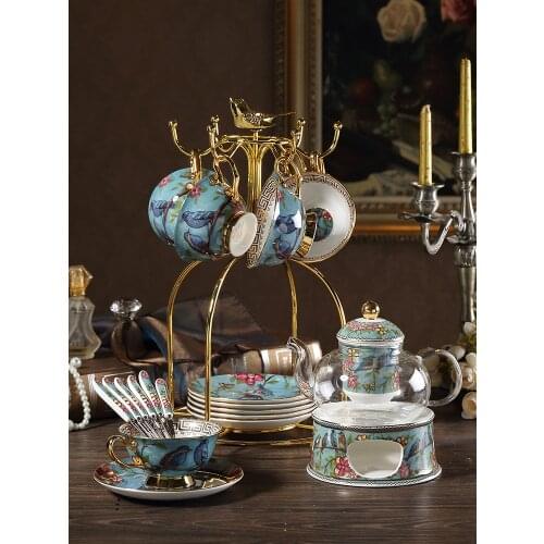 Coffee mug Tea Tray Dreamy Blue Pastoral style Afternoon Tea Ceramic glass Coffee set Candle HeatingTeapot with Filter