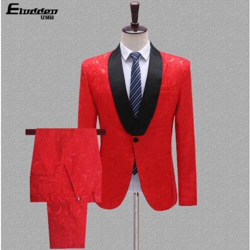 Red jacquard blazer men groom suit set with pants mens wedding suits costume singer dance stage clothing formal dress 984
