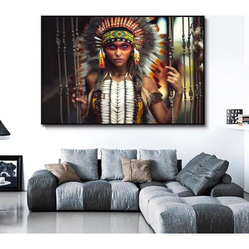 Colorful Feathered Women Canvas Painting India Girl Portrait Canvas Posters Prints Wall Art Picture for Living Room Home Decor