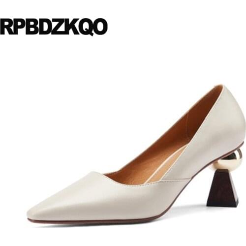 Metal Size 33 Genuine Leather High Heels Slip On Medium Black Women Beige Pointed Toe Pumps Ladies Formal Shoes Elegant Thick