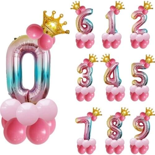 Mini Crown Number Balloons Happy Birthday Party Wedding Christmas Decorations Gradient Pink Foil Balls Baby Shower Globos