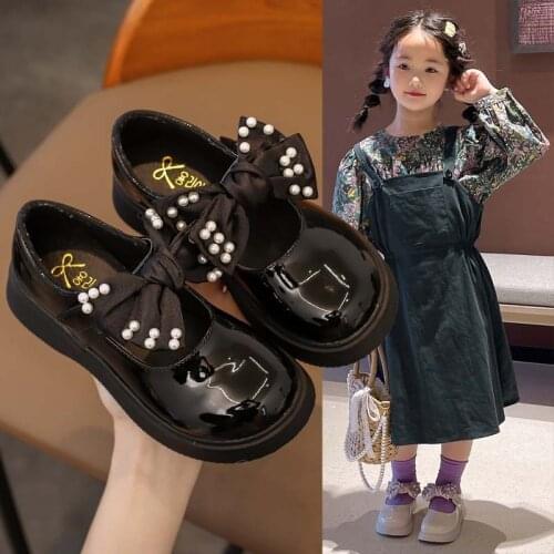 3 7 10 12 Years Princess Fashion Pearl Bow Shoe Elegant Baby Dress Shoes Girl Party Autumn ChildrenS School Kid Leather Shoes