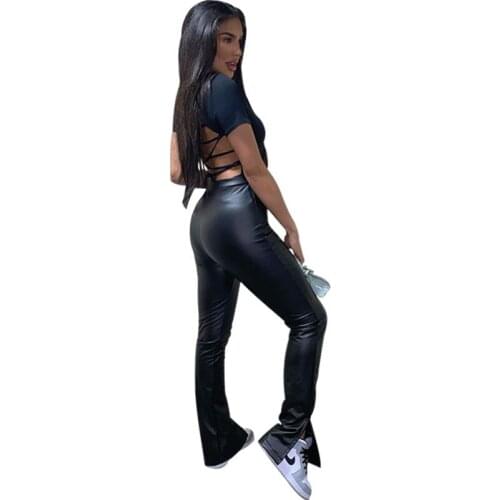 Fashion Women Faux PU Leather Pencil Pants Side Split Skinny High Waist Black Tight Trouser