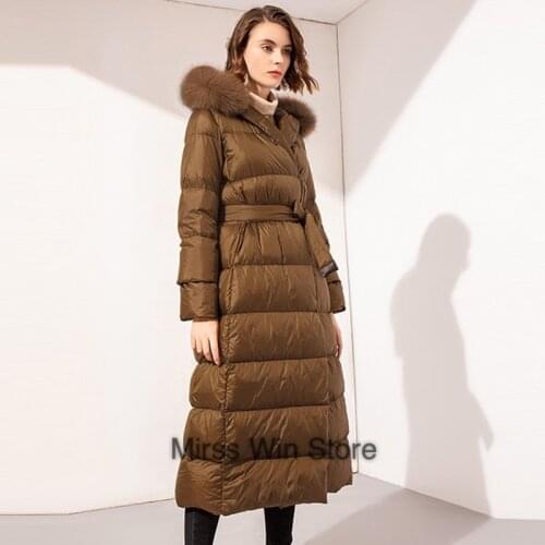 2021 Winter Women New White Duck Down Coat Female Solid Long Puffer Jacket Waist Slim Thick Detachable Fox Fur Hooded Overcoat
