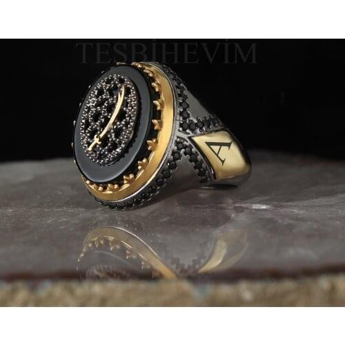 Onyx Cubic Zirconia Letter Written Edging Plating Silver Ring