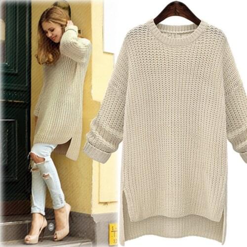 Autumn O-neck Sweater Women Pullover Sweater Warm Winter Knitted Sweater Ladies Long Sleeve Women Loose Split Sweater Female