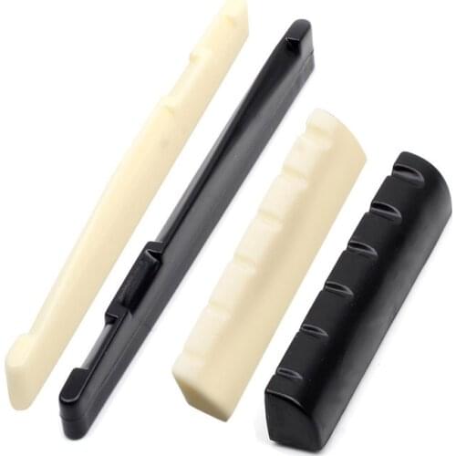Ohello 1 Set 43mm Plastic Acoustic Guitar Bridge Nut Ivory/Black Folk Guitar Nut & Saddle Bridge Pins Nail Nut Saddle 72mm