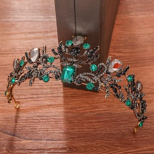 Baroque Luxury Vintage Green Crystal Crown Bride Tiara Wedding Hair Accessories Handmade Headband Bridal Crown Hair Ornaments
