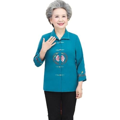 Middle-aged and Elderly Womens Shirts New Summer Embroidered Shirt Nine Points Sleeve Retro Large Size Elegant Thin Women Coat