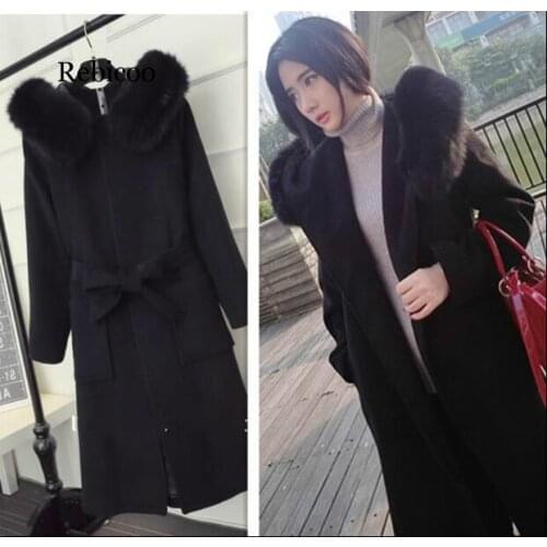 Warm Faux Fur Collar Hooded Autumn Winter Jacket Women Woolen Coat Female European Style Long Cardigan Overcoat