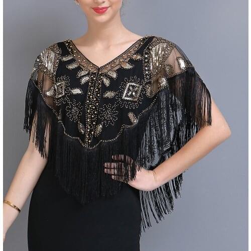 Women 1920s Sequined Shawl with Tassels Beaded Pearl Fringe Sheer Mesh Wraps Gatsby Flapper Bolero Cape Cover Up