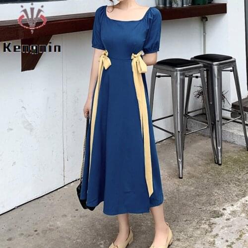 Oversized Dresses for Women New 2021 Summer French Style Bow Dress Woman Cute Dress Blue Color Womens Summer Sundresses KE1398