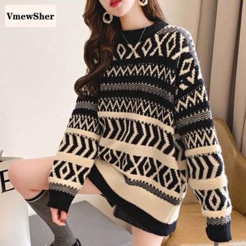 VmewSher Women Striped Patchwork Knitted Sweater Autumn Loose European Style Thick Knitted Pullover Sweater Casual Streetwear