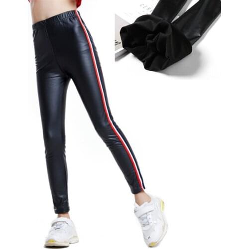 2020 Red White Side Stripe Children Pants Fragrance Leather Imitation Leggings Girls Wear New Style Velvet Thickened Version
