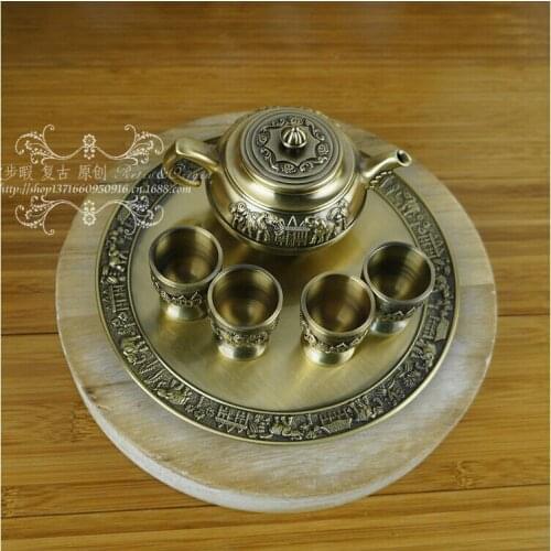 6PCS/set metal wine decanter alcohol distiller 1pot 4 tea cup and 1tray disposable cups vintage tea/ vin cups home decor CJ004