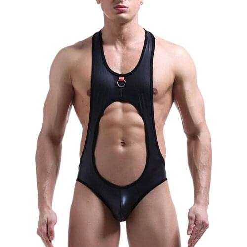 Sexy Men Faux Leather thong Man Fitness Bodybuilding Rings Bodysuit Gay Penis Pouch Jumpsuit Casual Shaper Underwear Shapewear