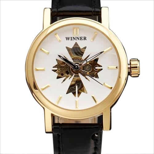 WINNER Women Watch New Maple Leaves Design Dial Leather Strap Ladies Watches Top Quality Gold Case Fashion Gift Wristwatch