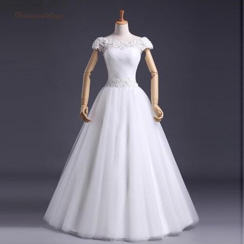Elegant A-Line Wedding Dress Cap Sleeve Refinement Lace Applique Beaded Bridal Dress Boat-Neck Boho Wedding Gown Illusion Back