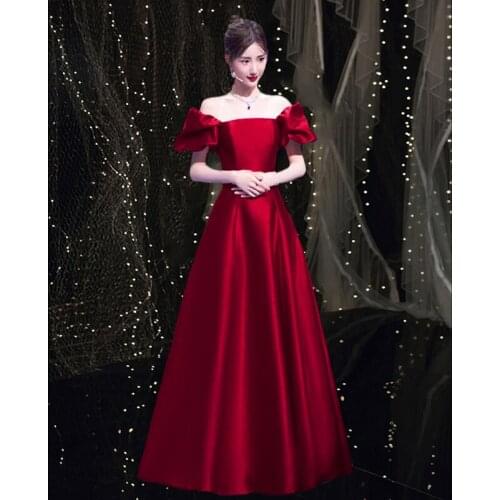 Elegant Off-shoulder Prom Party Dresses Toast Clothing Women Formal Evening Gowns Burgundy Satin Long A-line Dress Vestido