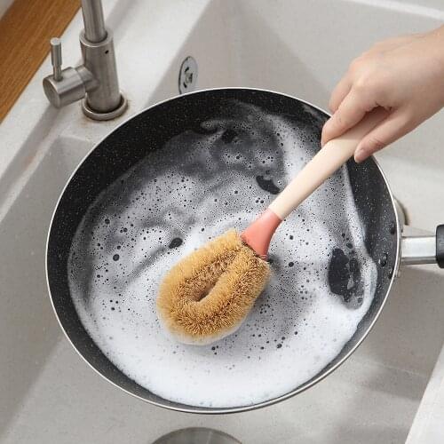 Natural Coconut Palm Wok Brush Color Matching Long Handle Dish Brush Oil-Free Kitchen Brush Long Handle Brush Wok Brush