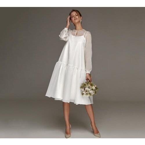 Pretty Organza Wedding Dresses A Line Simple O Neck With Long Sleeves Short Skirt For Engagement Party Bridal Gown White Ivory