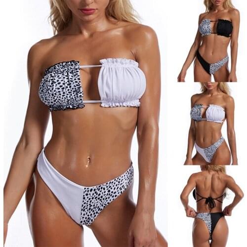 Hot kf-Womens 2-Piece Tube Top Bikini Off-The-Shoulder Stitching High-Waist Swimsuit