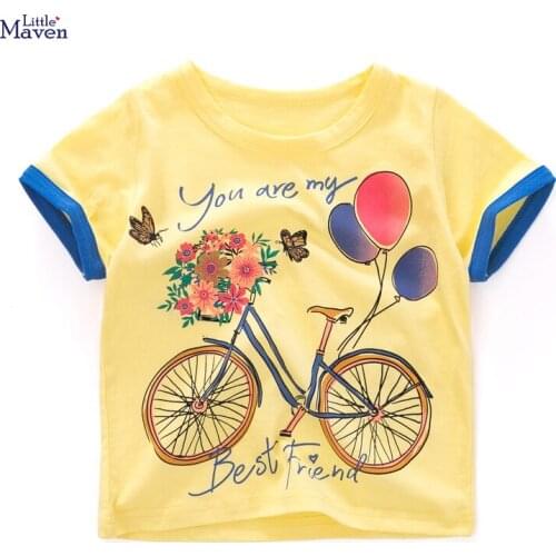 Little Maven New Summer Children Yellow Bicycle Balloon Flowers Printed O-neck Short-sleeved Cotton Knitted Girls Tshirts Tops