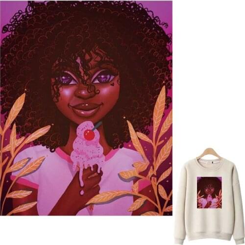 Sweet Black Girl Patches For Clothes A-Level Washable Woman T-Shirts Iron-On Transfers Applique Pink Ice Cream Clothing Sticker