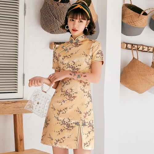 Mini Plus Size Cheongsam Female Elegant Champagne Qipao Sexy Slim Vintage Button Classic Satin Vestidos Exquiiate Chinese Dress