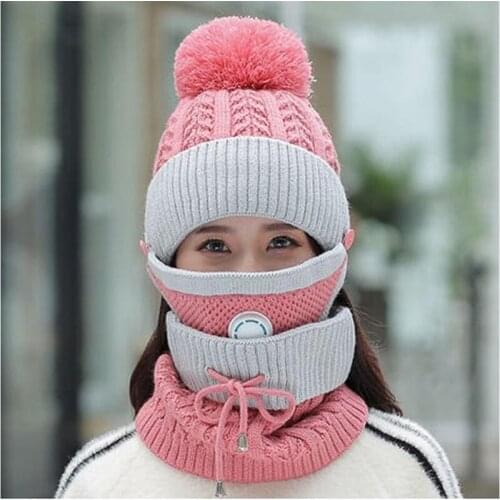 Fashion Winter Hat&Scarf&Mask Set For Women Girls Warm Beanies Breathe Scarf Pompoms Knitted Caps And Scarf Mask