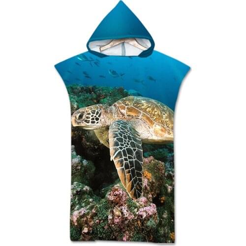 Sea Turtle Printed Microfiber Changing Robe Poncho Towel Quick Drying Hooded Beach Towel For Swim Beach Surf Customed Bath Towel