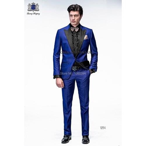 Custom Made Mens Suits 2017 Black Peak Lapel Design Royal Blue Satin Tuxedos For Men Groom Suit Wedding Party Suits For Men