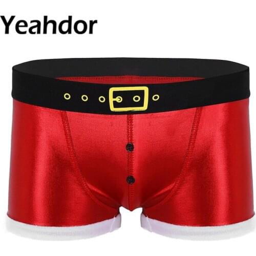 Red Mens Faux Leather Printed Belt Pattern Christmas Underwear Santa Claus Costume Bulge Pouch Boxer Shorts Xmas Roleplay Shorts