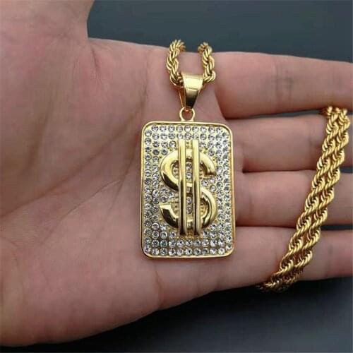 Mens Hip Hop Iced Out Dollar Sign Money Rich Pendant Necklace Gold Color Stainless Steel Mens Hophip Necklace Jewelry Dropship