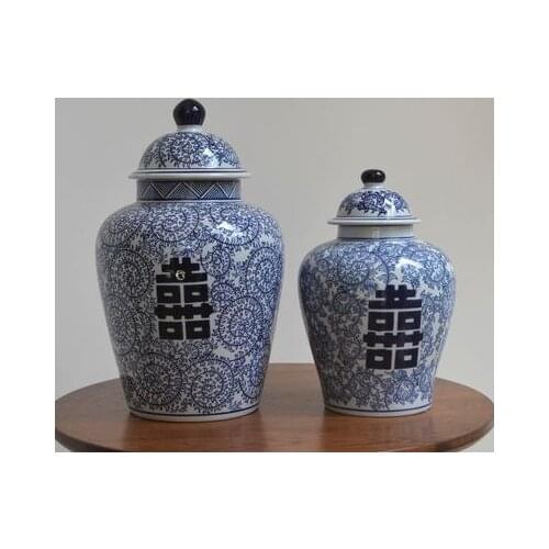 New Chinese Blue And White Porcelain pot Ornaments Double Happiness Ceramic temple Jar New Living Room Decorations porcelain jar