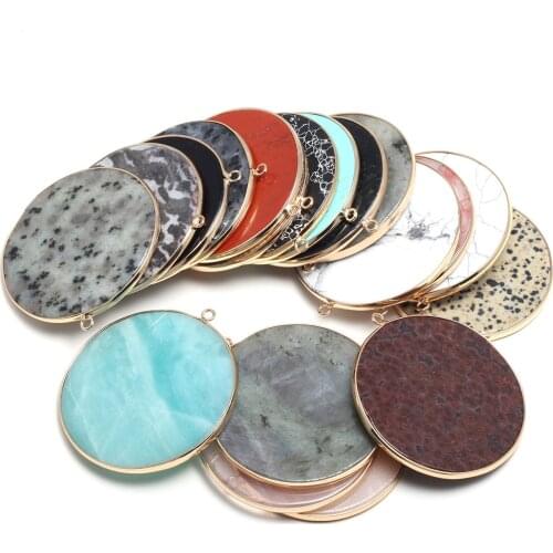 Natural Stone Agates Pendant Disc Shape Quartz Crystal Charms Pendants For DIY Jewelry Making Necklace Accessories Size 50x55mm
